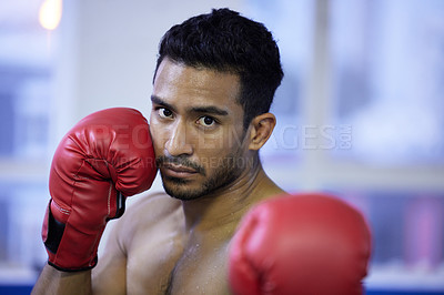 Buy stock photo Fitness, boxing and portrait of man in gym for exercise, workout or training for healthy body wellness. Sport, gloves and face of serious athlete in club for fight practice, competition and sweating