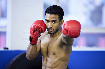Buy stock photo Fitness, boxer and portrait of man in gym for exercise, abs or training for body health. Sport, gloves and face of serious athlete in club in fight practice, competition and strong muscle in Mexico