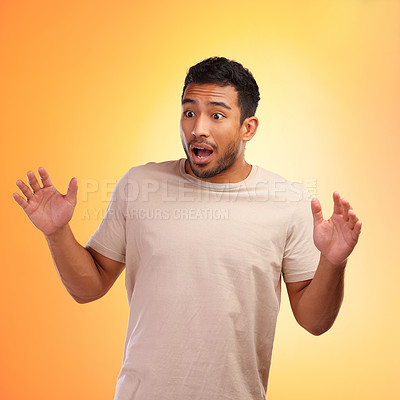 Buy stock photo Man, surprised and standing isolated on a yellow background in shock for surprise. Shocked young male looking amazed, wow or OMG expression for deal, win or achievement against a studio background