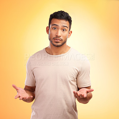 Buy stock photo Man, confused and hands out isolated with questions and asking why on yellow background with mockup. Confusion, doubt and person from India with problem and frustrated hand gesture in studio portrait