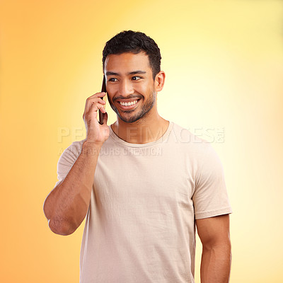 Buy stock photo Man, studio and happy phone call conversation, listening and smile for information, news and networking. Model, smartphone communication and talking on mobile network, using phone and connection