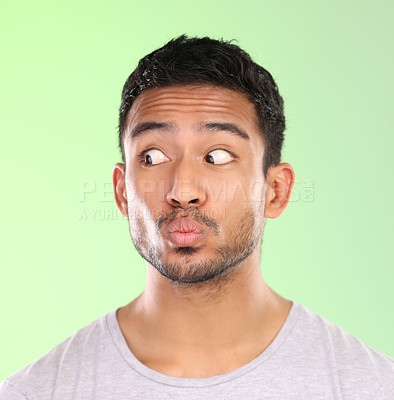Buy stock photo Face, man and pout in studio with eyes, expression and comic isolated on backdrop. Emoji, funny or comedy and confused or thinking for male model person, goofy or contemplation with emotion for humor