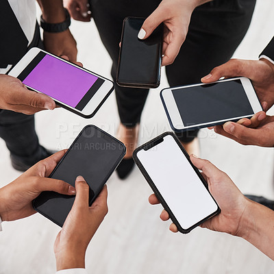 Buy stock photo Group of people, hands and phone screen circle for marketing mockup, advertising or online networking. Blank smartphone, business people hand and teamwork digital communication or web tech meeting
