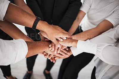 Buy stock photo Teamwork, group and hands stacked for collaboration, support and workflow mission in team building above. Cooperation, community and project goals of people standing together, coworking or motivation