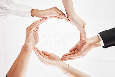 Buy stock photo Teamwork, circle and synergy hands isolated in collaboration, workflow and group in team building below. Integration, formation and support, cooperation or community hand sign on a white background