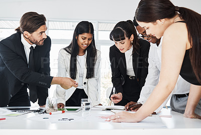 Buy stock photo Teamwork, business meeting and discussion planning finance report, sales presentation or financial management in office. Group of people, team collaboration and conversation  for documents analysis