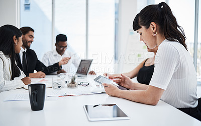 Buy stock photo Woman, office and tablet at business meeting with analytics, planning and reading data with people. Corporate teamwork, mobile touchscreen tech or together for documents, finance or strategy