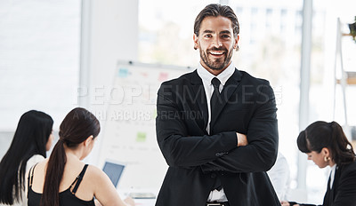 Buy stock photo Leader businessman, portrait and business people in office for budget meeting, discussion or strategy for success. Finance manager, standing and focus for teamwork, collaboration and corporate goals