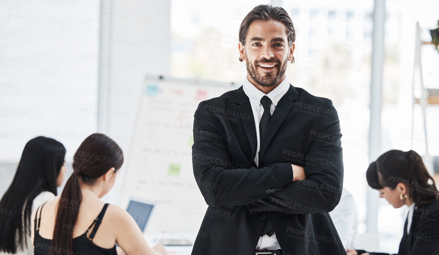 Buy stock photo Leader businessman, portrait and business people in office for budget meeting, discussion or strategy for success. Finance manager, standing and focus for teamwork, collaboration and corporate goals