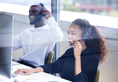 Buy stock photo Call center, funny and employees laughing on a computer for consulting, telemarketing and customer support. Comic, contact us and happy customer service agents working in technical support on a pc