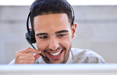 Buy stock photo Face, call center and man, smile and phone call with client, CRM with contact us and network with happy consultant. Help, advice and headset with customer service, telemarketing and tech support job