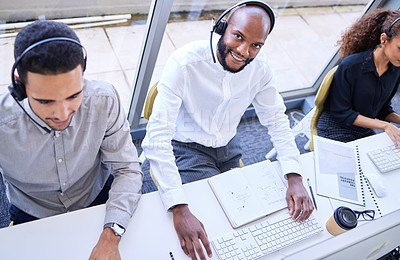 Buy stock photo Call center, telemarketing black man and portrait with success smile, customer care excellence and solution above.  Happy IT person, technical support agent or consultant people working at help desk