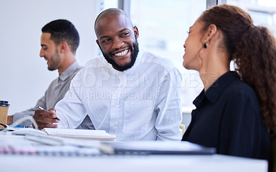 Buy stock photo Planning, collaboration and teamwork of black people with smile in startup meeting, employees discussion and ideas. Happy person, worker or business staff talking, coworking and office brainstorming