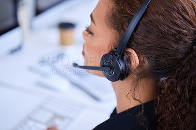 Buy stock photo Customer support woman, communication and headset microphone for advice, conversation and consulting. Crm expert, contact us consultant or telemarketing agent with voip tech, customer service and job
