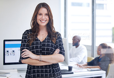 Buy stock photo Pride, expert and portrait of a woman with arms crossed for vision, success and happy at work. Motivation, professional and expert manager with confidence, smile and empowerment in an office