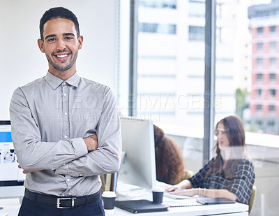 Buy stock photo Businessman, happy portrait and leader success for goals management and company happiness vision crossed arms in office. Corporate male, manager smile and positive mindset energy or trust motivation