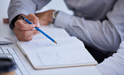 Buy stock photo Businessman hands, book and notes at desk for coaching, learning and teaching for planning together with man. Corporate men, pencil and notebook with strategy, collaboration and teamwork in office