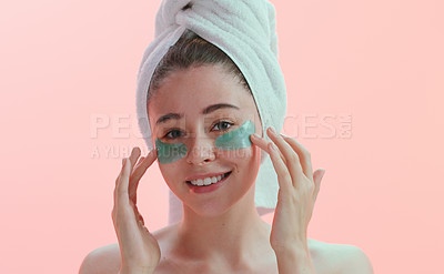 Buy stock photo Skincare, portrait and happy woman with eye mask in studio for beauty, collagen and anti aging on pink background. Face, patches and female model with skin cosmetics, facial and hydration treatment