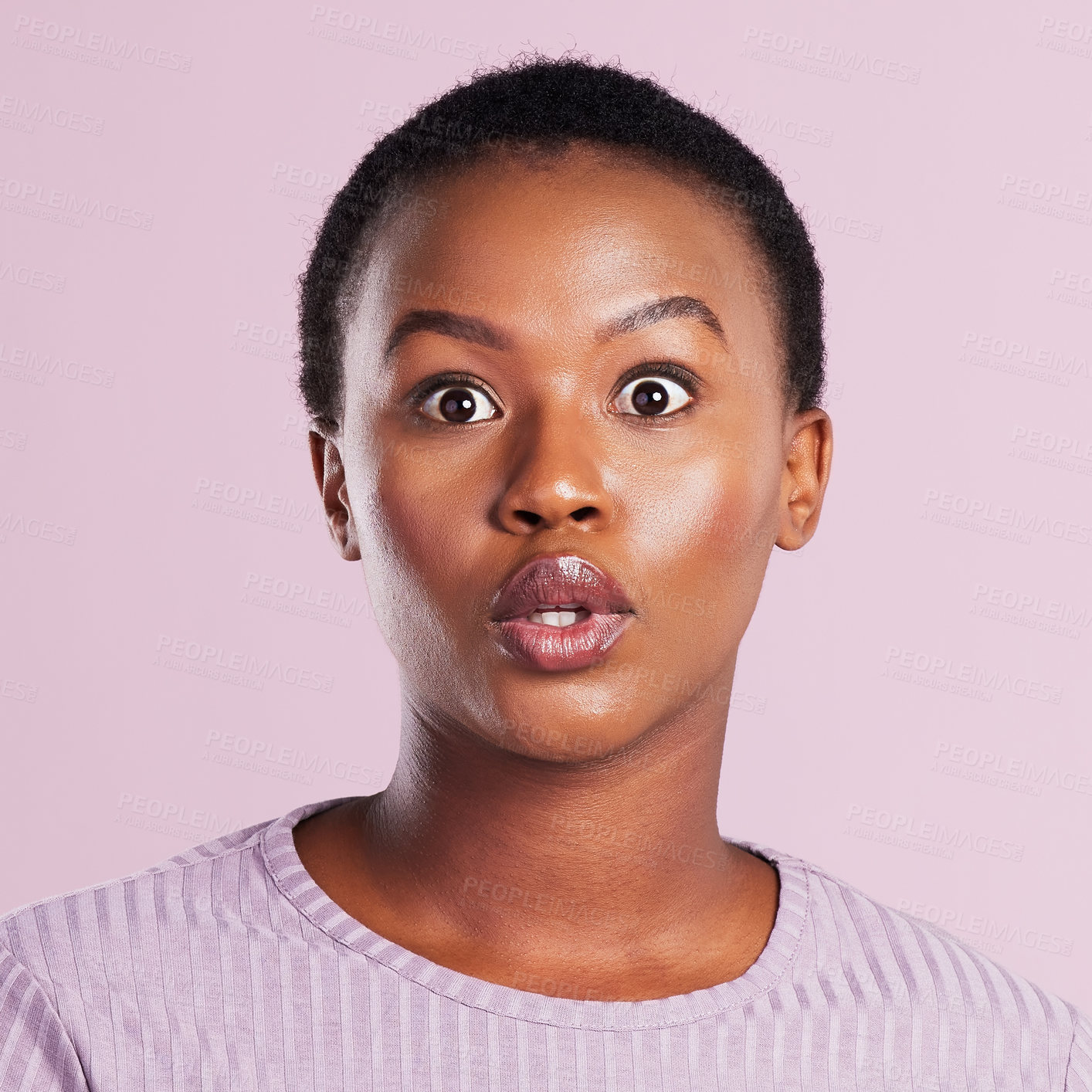 Buy stock photo Studio, surprise or black woman with shock, fear and wow expression for news, sale or gossip. Pink background, open mouth or face of scared African girl in disbelief for announcement or discount deal