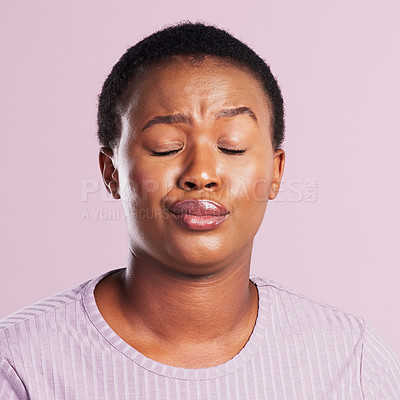 Buy stock photo Annoyed, eyebrow and black woman in studio with attitude, reaction and confused on pink background. Female person, rude and eyes closed with opinion or doubt for ignoring, irritated and drama