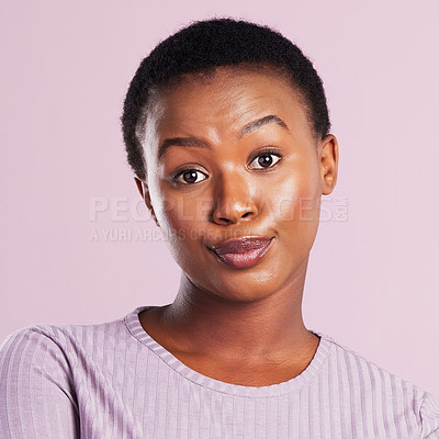 Buy stock photo Confused, eyebrow and woman in studio for portrait, bad news and reaction on pink background. Black female person, attitude and opinion for story with suspicious, gossip and annoyed or doubt