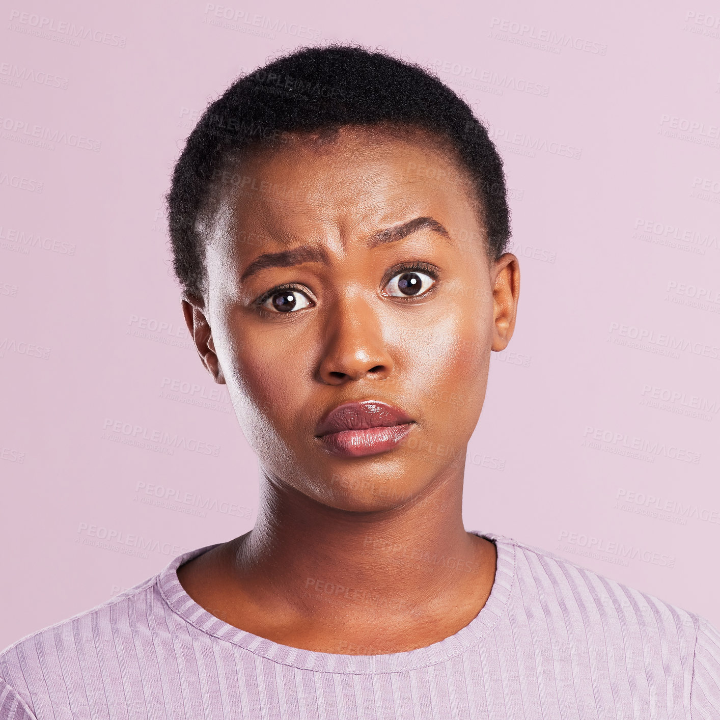 Buy stock photo Confused, woman and eyebrow in studio for portrait, bad news and reaction on pink background. Black female person, disbelief and shocked by story with suspicious, gossip and annoyed or doubt