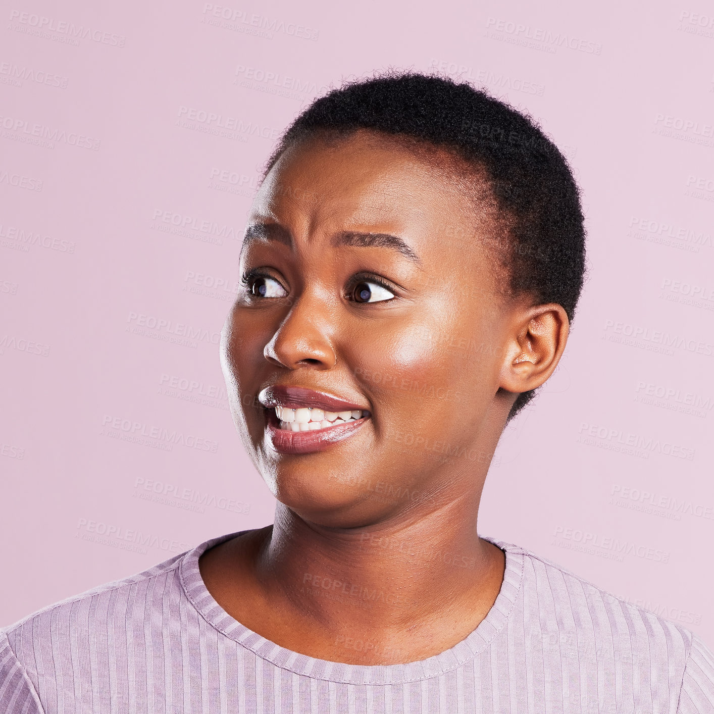 Buy stock photo Confused, face and black woman in studio for gossip, attitude and news with surprise expression. Awkward, shock and African female person with wtf or omg for secret isolated by pink background.