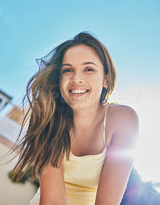 Buy stock photo Summer, happy and girl outdoor with portrait for warm weather on vacation for leisure or relaxation, road trip and journey. Woman, sunny and holiday in Columbia for adventure, travel and break.