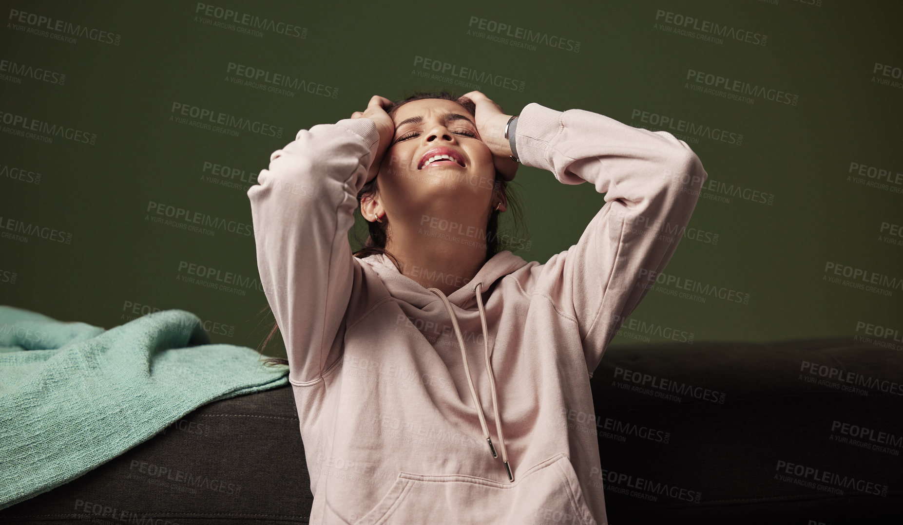 Buy stock photo Woman, frustrated and crying on sofa for mental health with anxiety, headache and depression from unemployment crisis. Pain, stress and tired gen z girl in home for heartbreak, sad and breakup