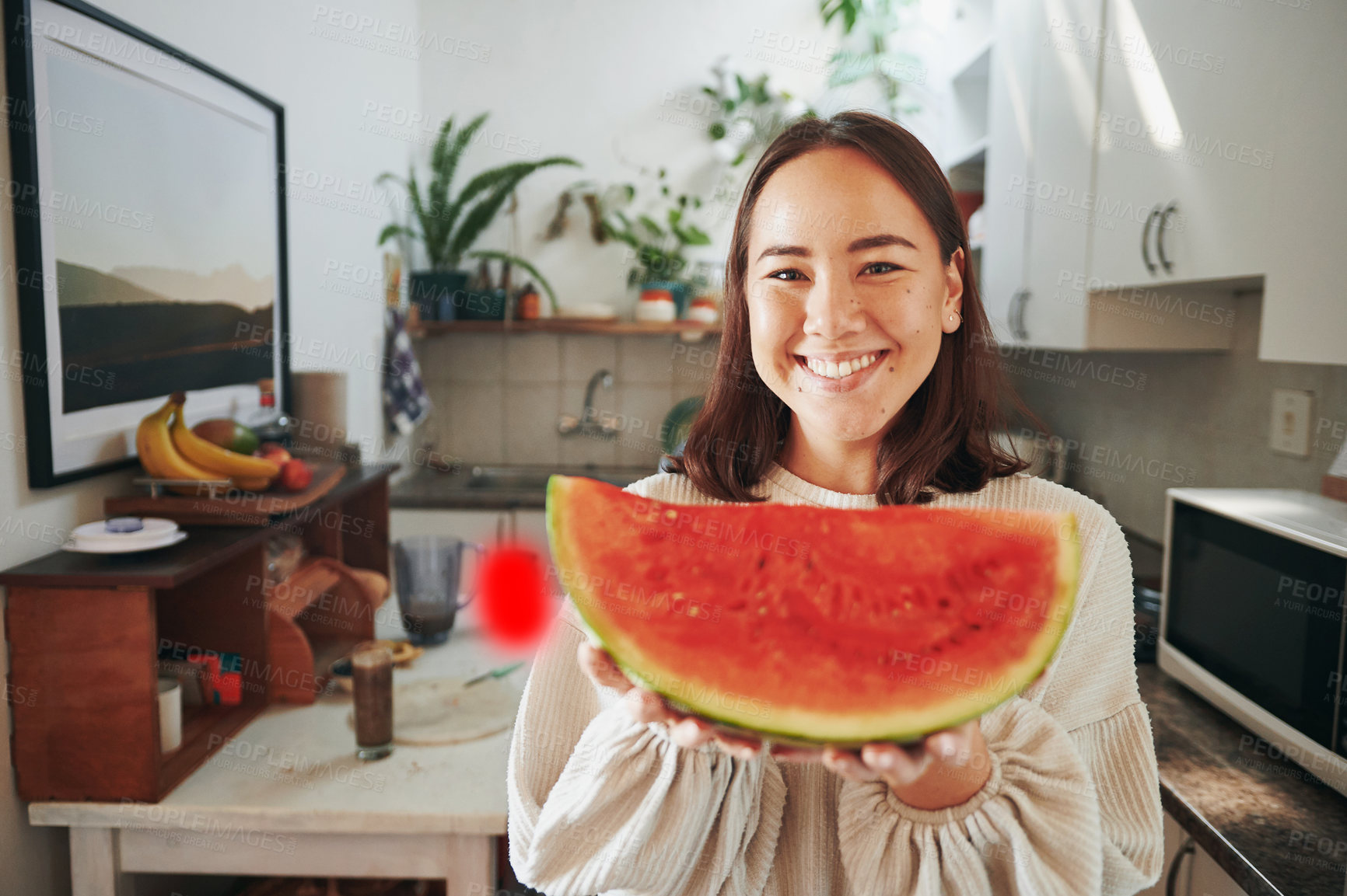 Buy stock photo Watermelon, happy or Asian woman in kitchen with portrait, diet or hydration benefits in morning. Nutrition, wellness or person in home with fruit, digestion support or vitamin C in breakfast snack.