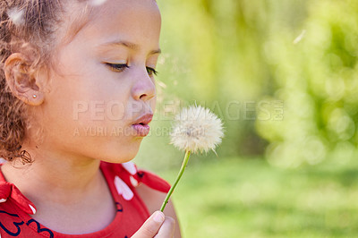 Buy stock photo Spring, dandelion and relax with child in park for freedom, youth and growth with mockup space. Nature, summer and flowers with young girl and plant in outdoors for wish, good luck and dream