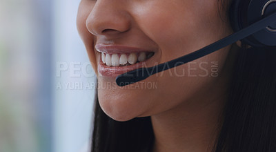 Buy stock photo Call center, woman and happy with closeup of headset for customer support, telesales advisor and communication. Telemarketing, consultant or hotline agent with smile for helpdesk, advice and talking