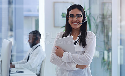 Buy stock photo Call center, business woman and crm portrait with tablet for web support help in an office. Happy, company and telemarketing employee with smile of Indian female person ready for phone consulting