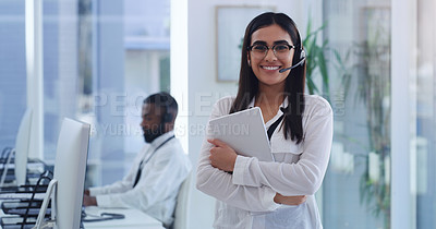 Buy stock photo Call center, business woman and portrait with tablet for web support help in a office. Happiness, company and telemarketing employee with a smile of Indian female person ready for phone consulting