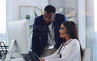Buy stock photo Black man, call center and woman with coaching by computer, office and learning in tech support. African male crm, mentor and teaching for telemarketing, training and customer service at help desk