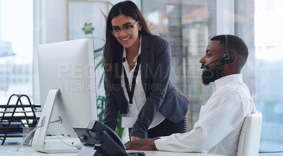 Buy stock photo Black man, call center and woman with mentor by computer, office or learning for tech support. African male crm, female coach or teaching for telemarketing, training or customer service at help desk