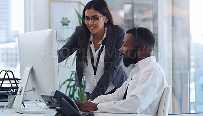 Buy stock photo Black man, call center and woman with coach by computer, office or learning for tech support. African male crm, female mentor or teaching for telemarketing, training or customer service at help desk
