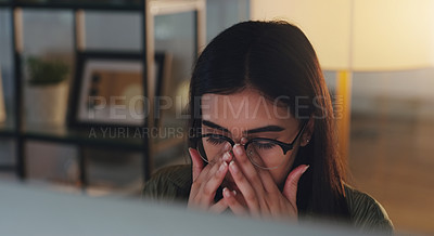 Buy stock photo Business, headache and woman with stress, night or burnout with depression, fatigue or overworked. Female person, employee or agent with a migraine, evening or tired with pain, frustrated and mistake
