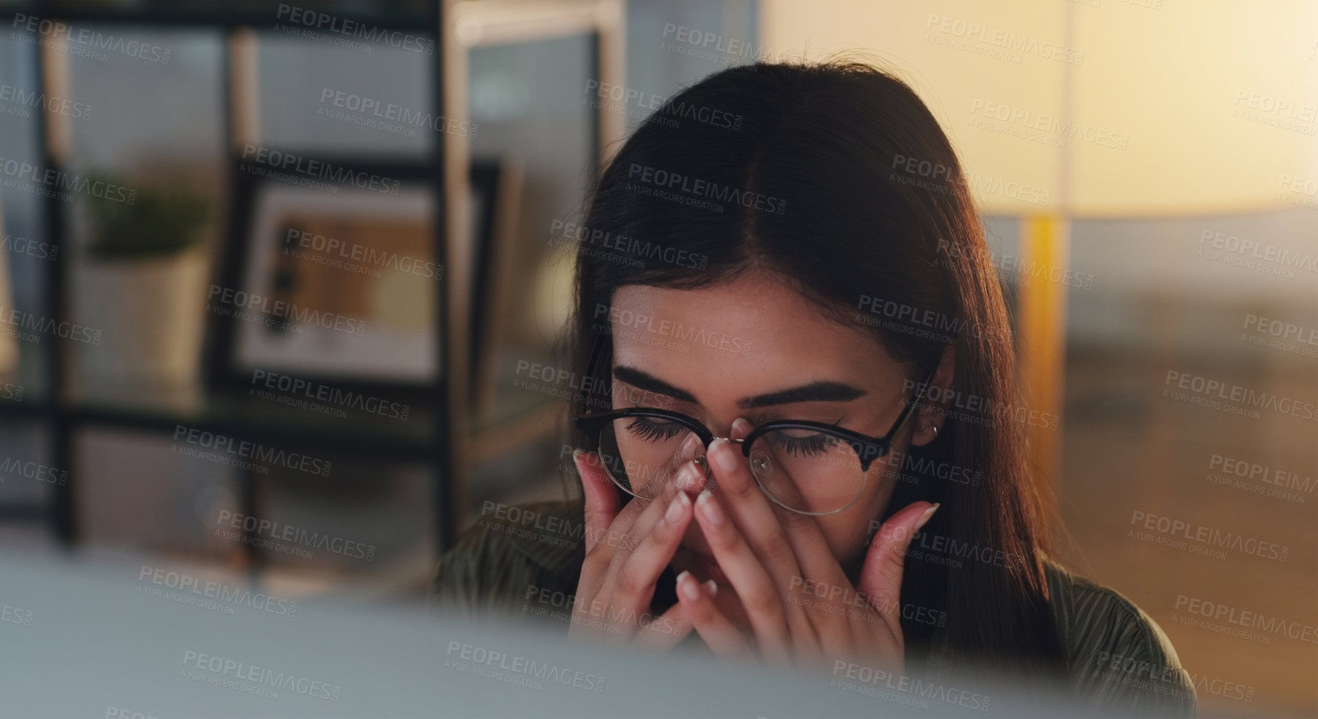 Buy stock photo Business, headache and woman with stress, night or burnout with depression, fatigue or overworked. Female person, employee or agent with a migraine, evening or tired with pain, frustrated and mistake