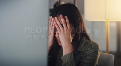 Buy stock photo Night, business and woman with stress, headache and burnout with new project, overworked and depression. Female person, tired employee and agent with a migraine, fatigue and mental health problems