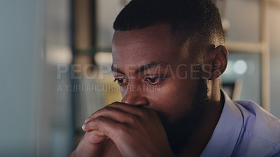 Buy stock photo Night, business and black man with stress, burnout and depression with mental health issue, tired and overworked. Male person, employee or agent with fatigue, exhaustion and professional with anxiety