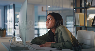 Buy stock photo Business woman, bored and computer work at night while reading online data and info at desk. Tired, burnout and young female employee feeling fatigue from web deadline and internet research project