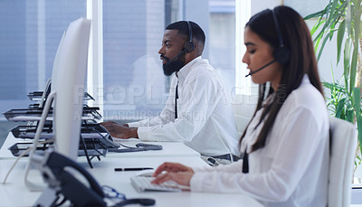 Buy stock photo Call center, computer and consulting of business people in office for customer service, technical support or networking. Advice, contact us and help desk with employees for advisory, solution or sale
