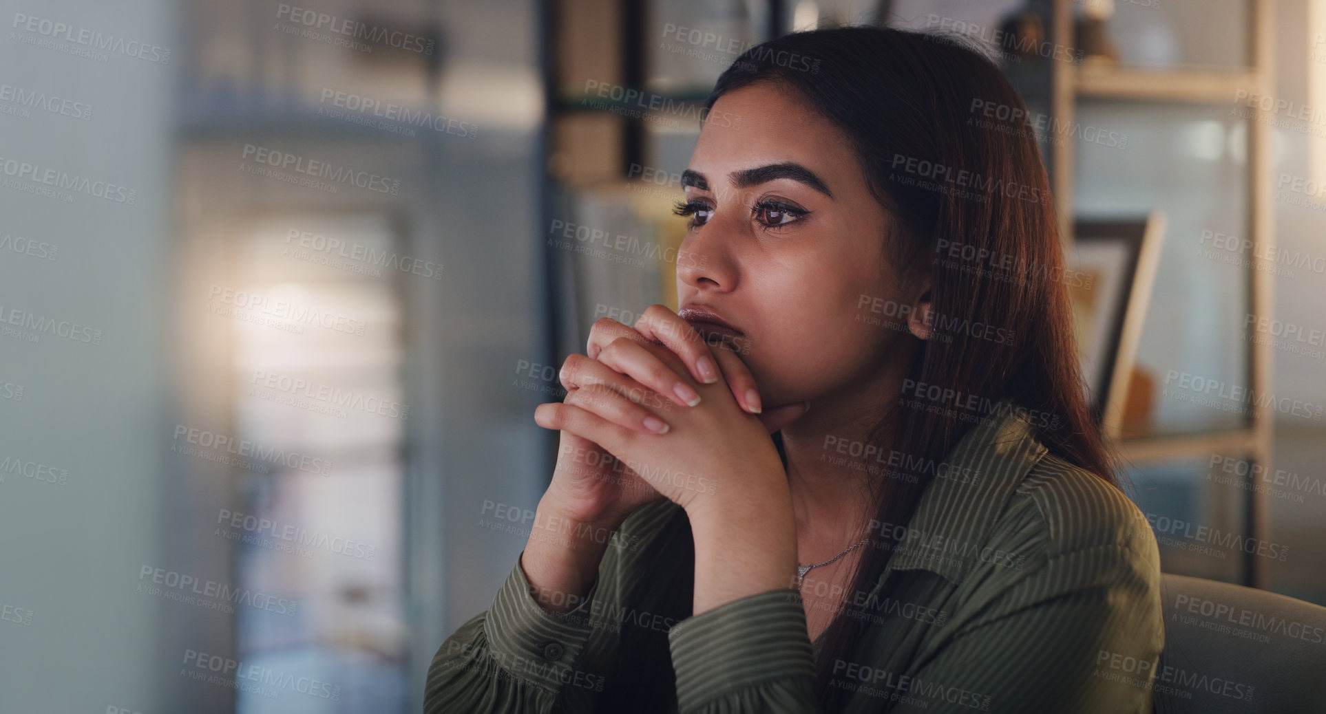 Buy stock photo Business woman, thinking and computer at night in office with anxiety, stress or crisis. Female entrepreneur at desk with tech while tired or worried about deadline, mistake or mental health problem