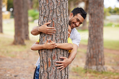 Buy stock photo Nature, environment and people hug trees for save the planet, deforestation or community support project. Earth day sustainability, eco friendly NGO charity and happy volunteer protect natural growth