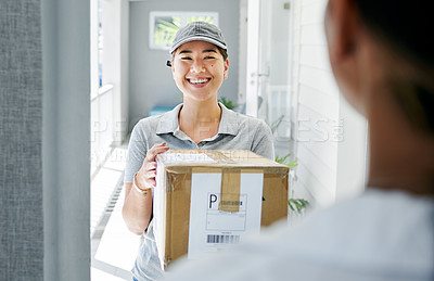 Buy stock photo Woman, portrait and delivery at front door with box for customer service or logistics, ecommerce or online shopping. Asian person, face and product parcel with distribution, supply chain or retail