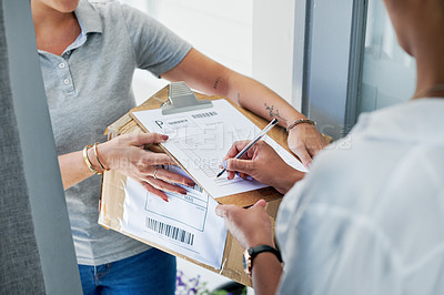 Buy stock photo Person, signature and package delivery in home front door for online shopping, distribution or returns. Customer, ecommerce and logistics paperwork for export box or supply chain, courier or retail
