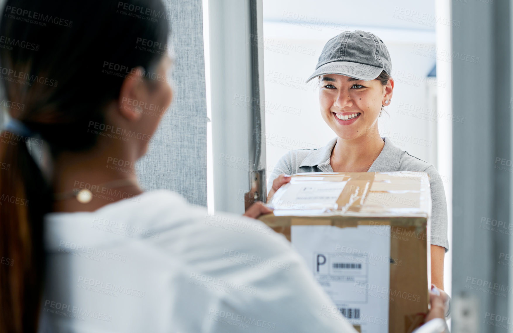 Buy stock photo Woman, delivery and logistics order in home for customer package with supply chain, distribution or shipping. Female person, smile and courier employee for parcel postage or returns, import or export