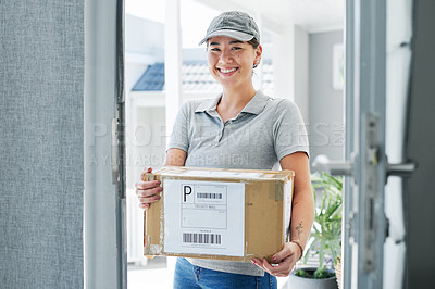 Buy stock photo Woman, portrait and delivery of package by home front for online shopping box, export or distribution. Asian person, face and order returns from house for customer logistics, shipping or supply chain