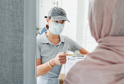Buy stock photo Woman, mask and delivery to home with clipboard for ecommerce, signature and health compliance. Muslim person, house and courier with package for shipping, distribution and safety in online shopping